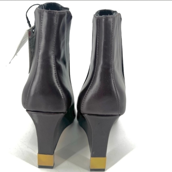 NWOT Brown Pointed Toe Wedge Heel Leather Ankle Boots w/ Gold Details, 8.5/9 39 - Picture 5 of 6